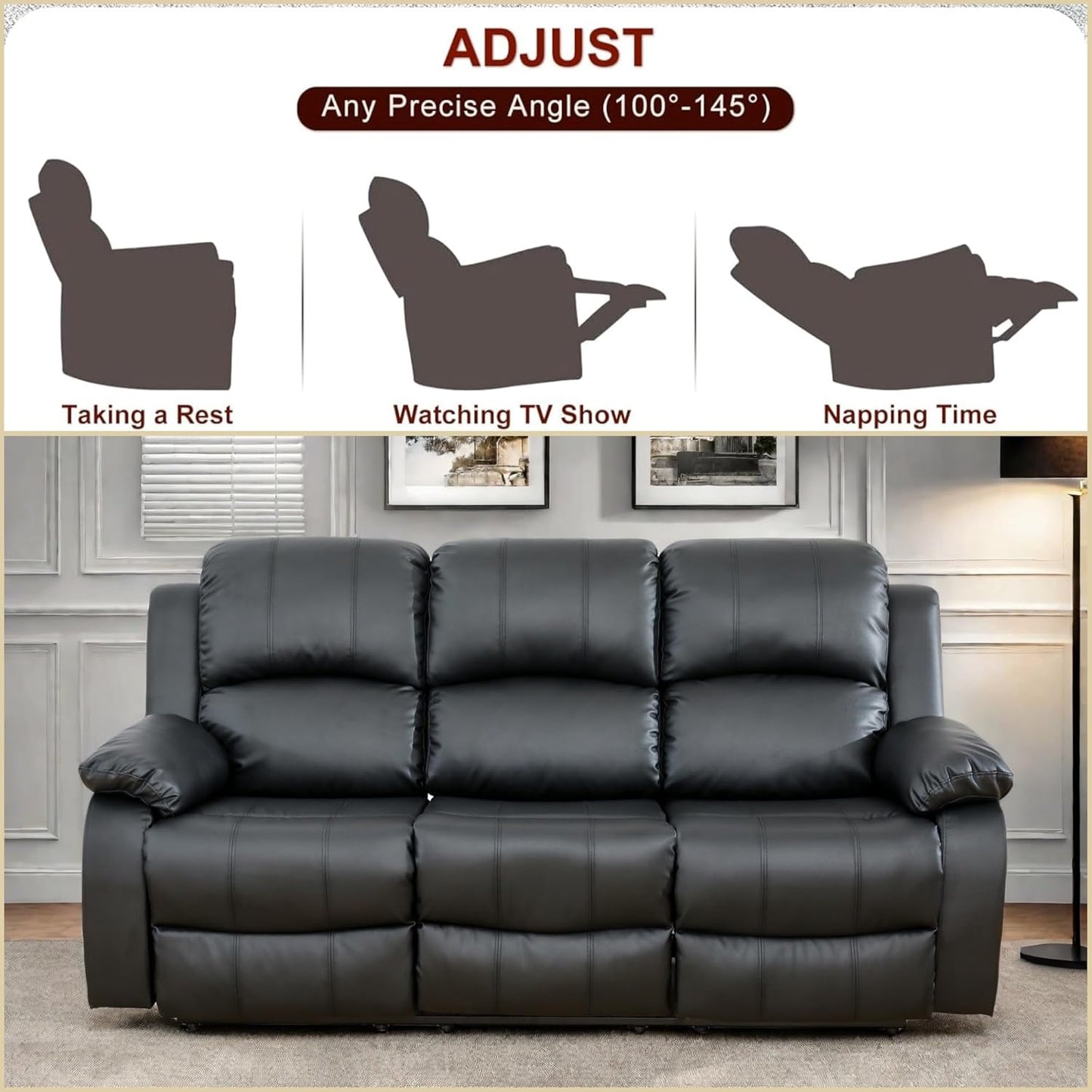 Leather Recliner Sofa Couch, 3-Seater Home Theater Seating Reclining Sofa, Power Reclining Couch with Cup Holders & Drop Down Table for Living Room Furniture Sets, Black