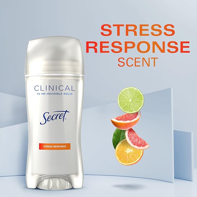 Secret Clinical Strength Antiperspirant Deodorant for Women, Stress Response, 3X Stress Protection, 72hr Sweat & Odor Protection, PH Balancing Minerals, Invisible Solid, 2.6 oz (Pack of 2)