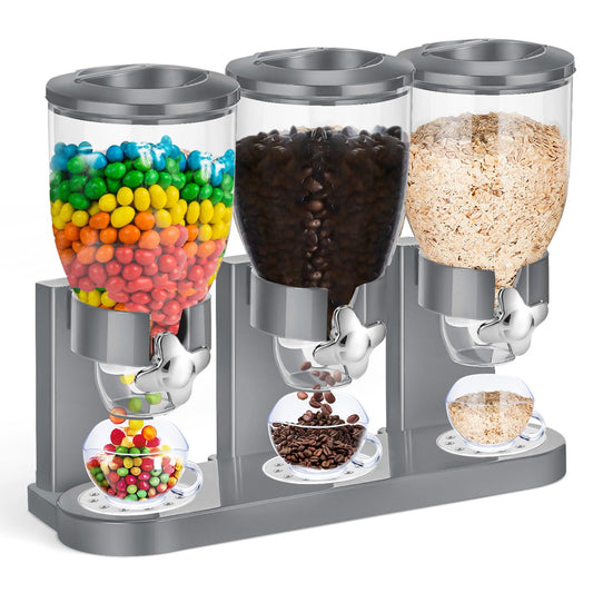 Umigy 1 Pack Triple Indispensable Dry Food Dispenser 67oz Each Capacity Cereal Container for Storage Preserving Dispensing Kitchen Rice Candy Nuts Dog Food Granola Snack Gumball Countertop (Gray)