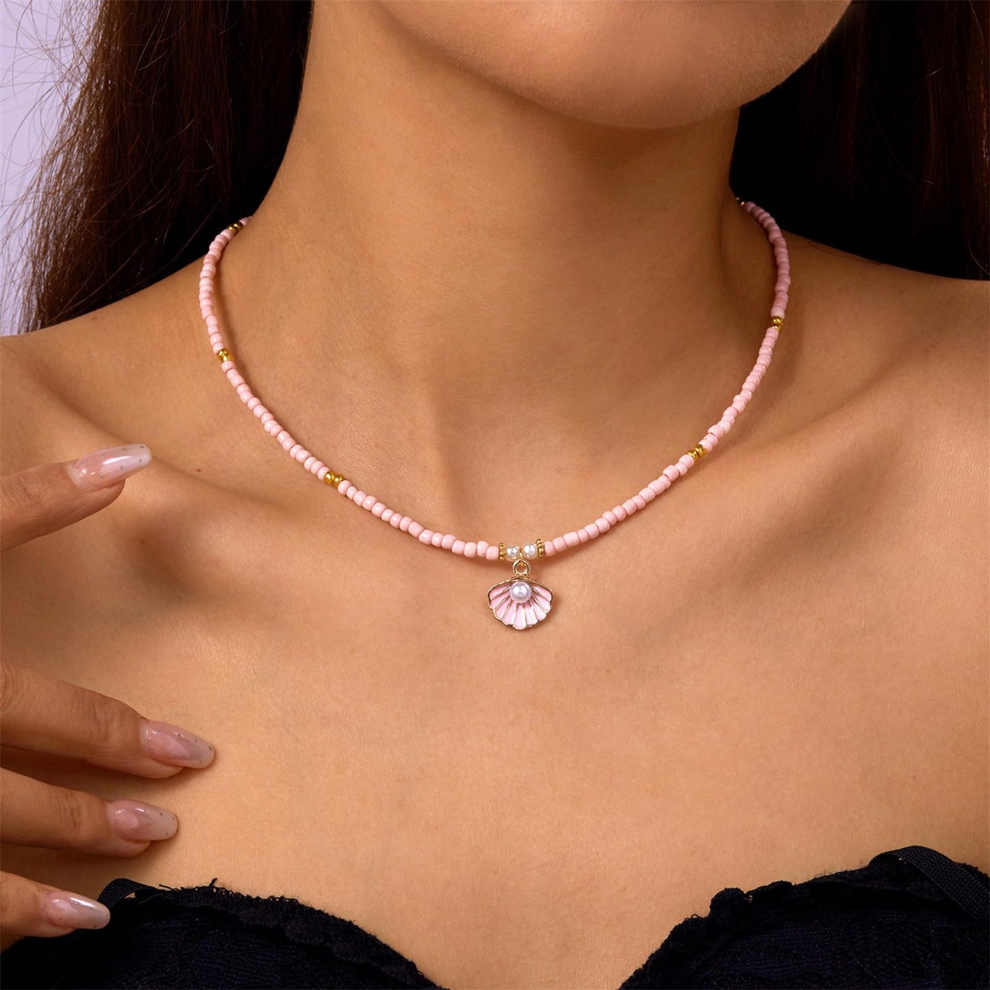 Seashell Pearl Pendant Necklace Gold Plated Boho Enamel Pink Blue Scallop Sea Shell Starfish Ocean Animal Chain Necklace for Women Hawaiian Summer Beach Holiday Fashion Jewelry Gifts (Pink beaded necklace)