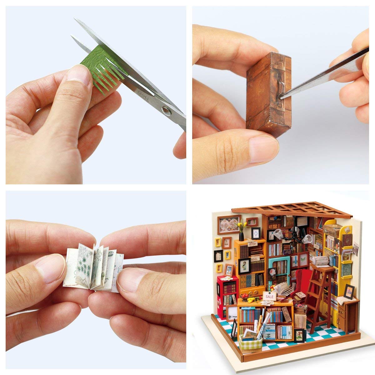 Rolife DIY Miniature Dollhouse Kit Bookstore Room Making Kit Mini Library Diorama Kit Wooden Model Building Set Hobby Christmas Birthday Gifts for Adults Women Family (Sam's Study)