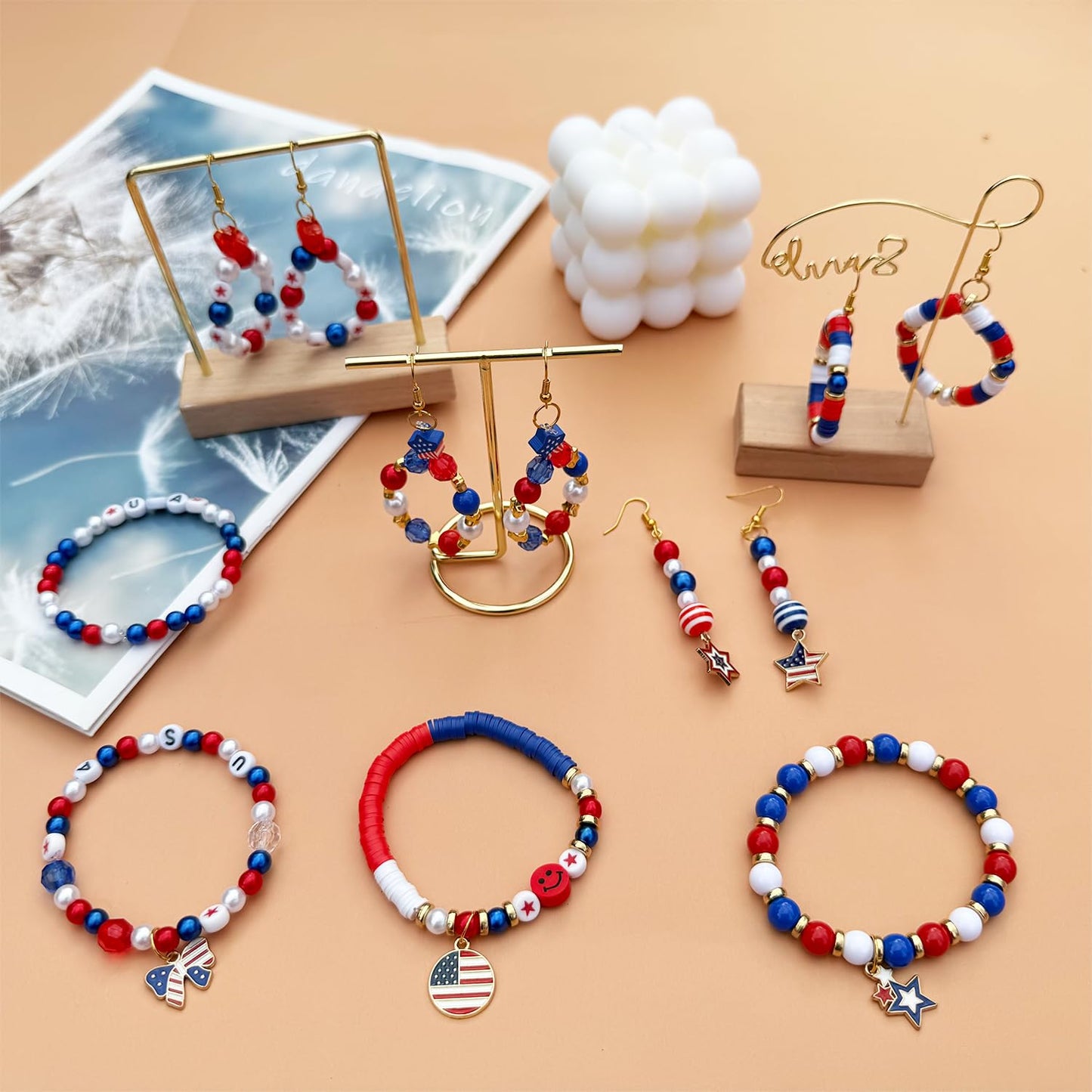 2100Pcs 4th of July Patriotic Beads Kit, Independence Day Bead Red White and Blue Polymer Clay Beads for Bracelets Jewelry Making Acrylic Round Star Letter Loose Beads with USA Patriotic Star Charms