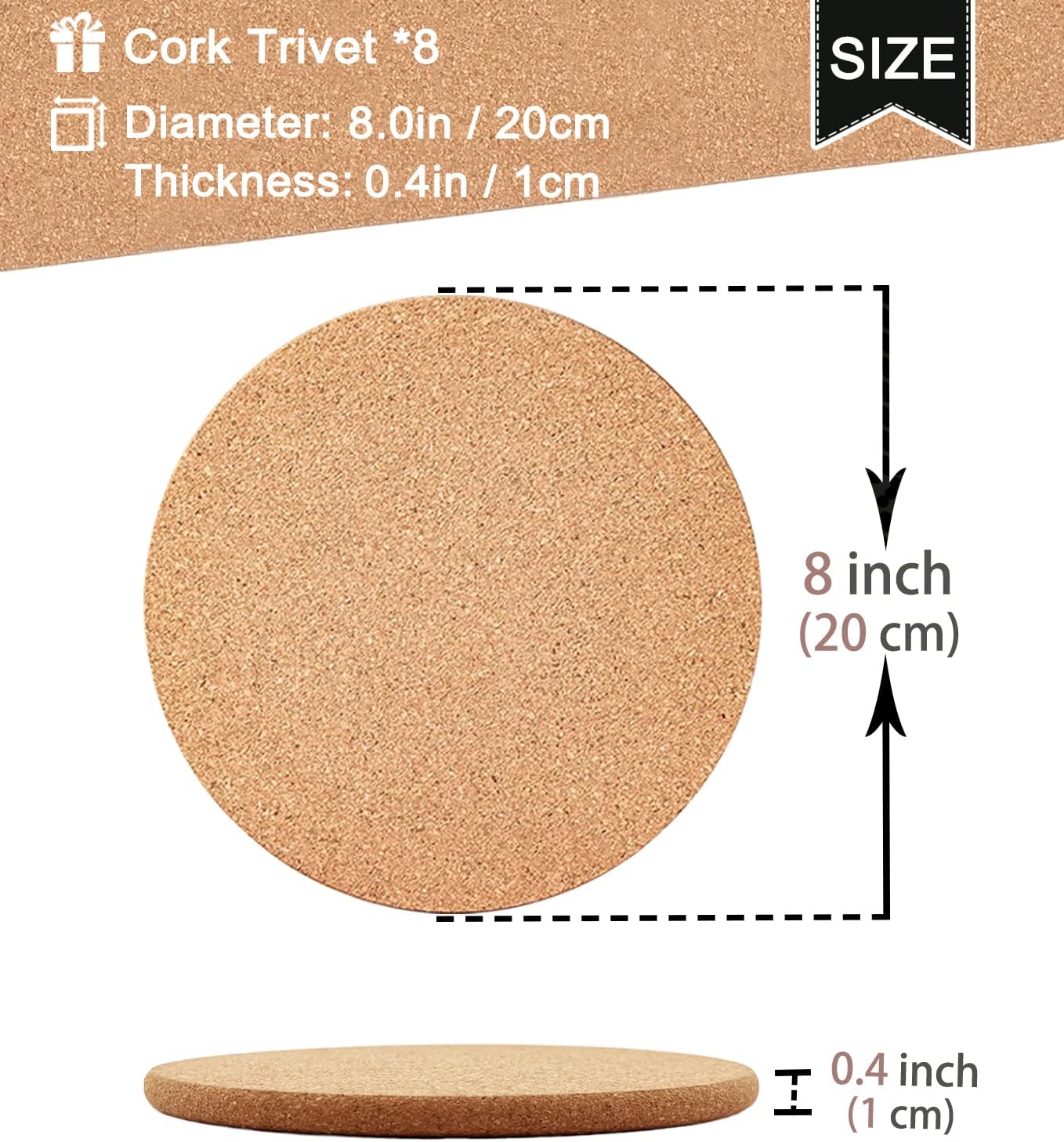Cork Trivet, 8 Pack High Density Thick Cork Trivets for Hot Dishes, 8 Inch Heat Resistant Large Coaster for Kitchen, Hot Pads for Table & Countertop