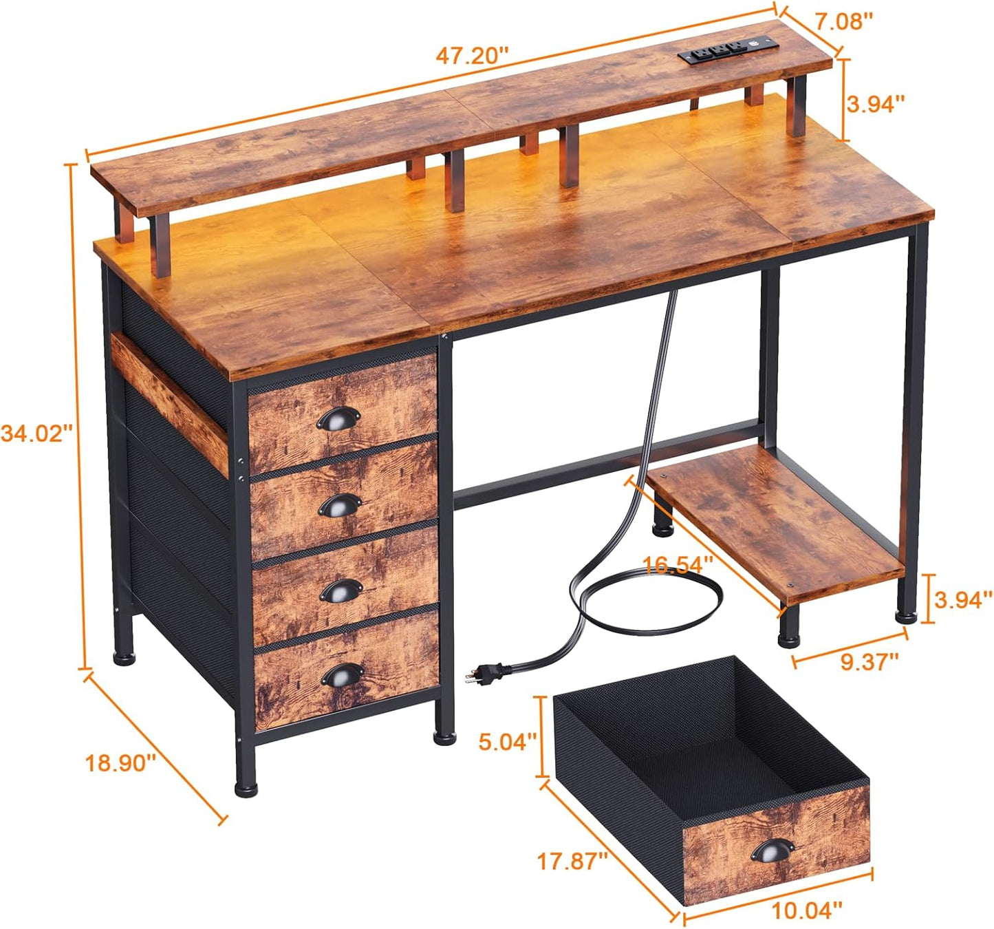 Furologee 47" Computer Desk with 4 Fabric Drawers & Monitor Stand, Gaming Desk with Power Outlets - LED Lights, Home Office Space-Saving Study Table for Bedroom Small Spaces (Rustic Brown)