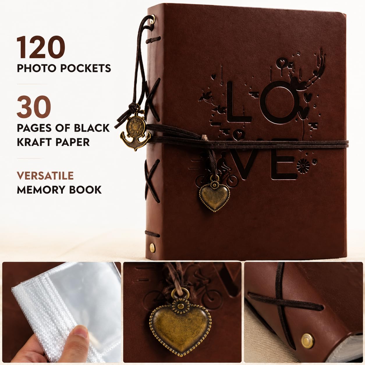Photo Album Scrapbook with 120 Pockets for 4x6 Photos, 30 Pages, Black Kraft Paper, Textured Leather Cover, Memory Book for Family, Baby, Wedding, Travel