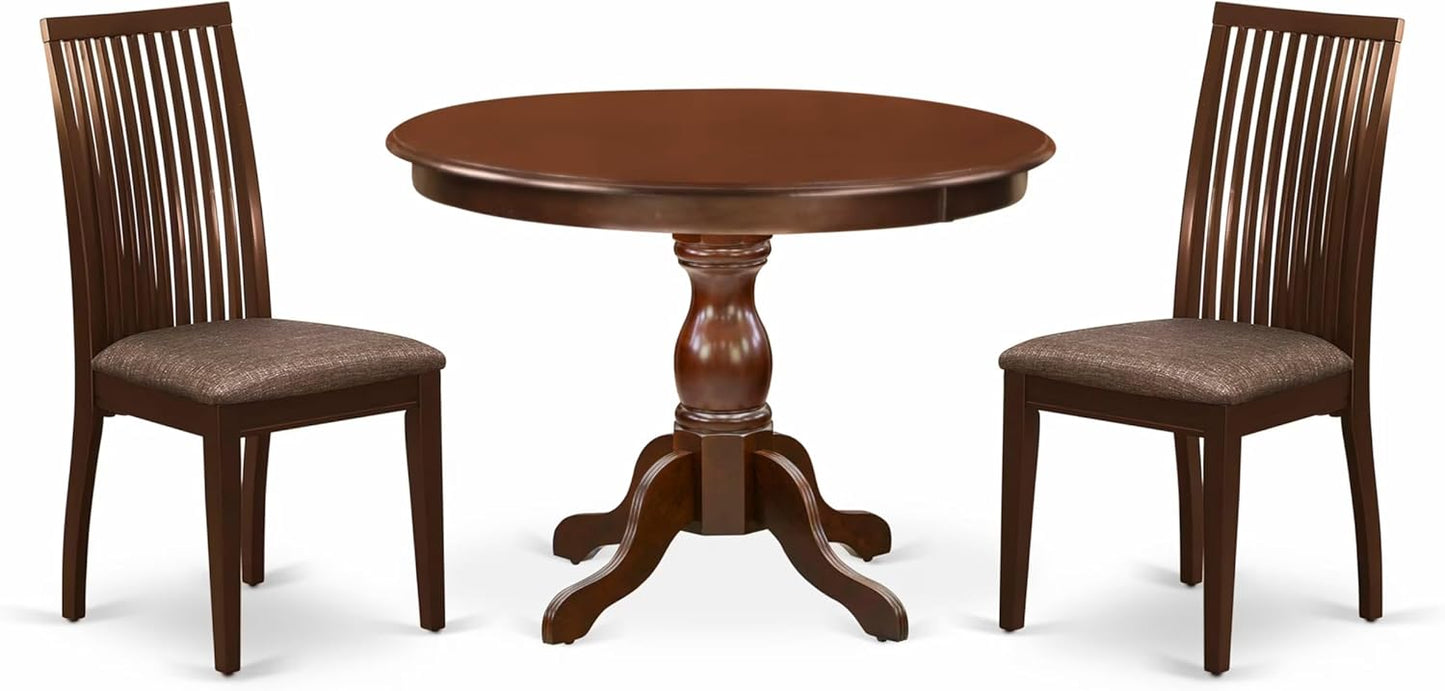 East West Furniture HBIP3-MAH-C 3 Piece Dining Room Furniture Set Contains a Round Kitchen Table with Pedestal and 2 Linen Fabric Upholstered Dining Chairs, 42x42 Inch, Mahogany
