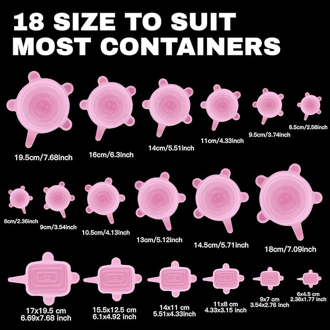 Reusable Silicone Stretch Lids – 18PCS Round & Square Stretchy Food Covers, Airtight & Leakproof, Microwave & Dishwasher Safe Pink