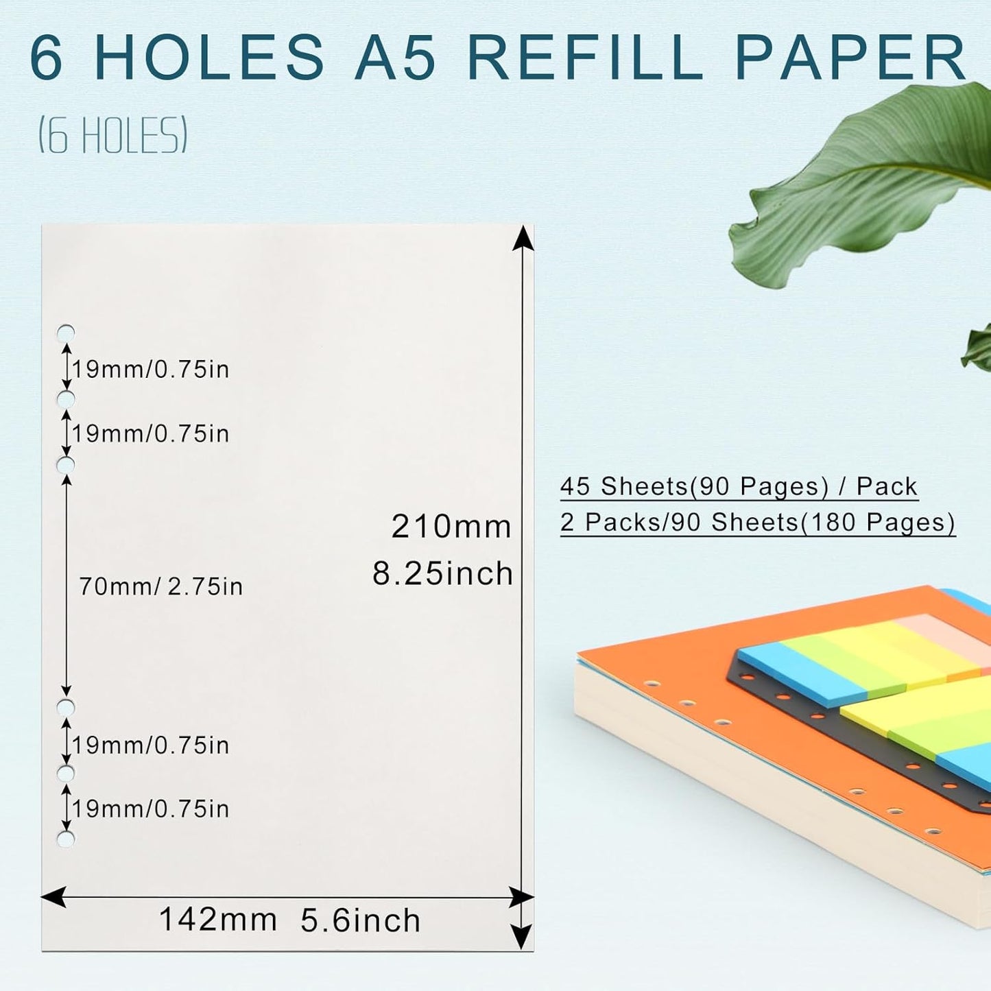 Toplive A5 Refill Paper, Blank Loose Leaf Filler Inserts - 90 Sheets (180 Pages) w/5 Colorful Dividers & 1 Pack Sticky Notes, Refillable for 6 Ring Binder, Journal & Notebook - Ideal for Sketching
