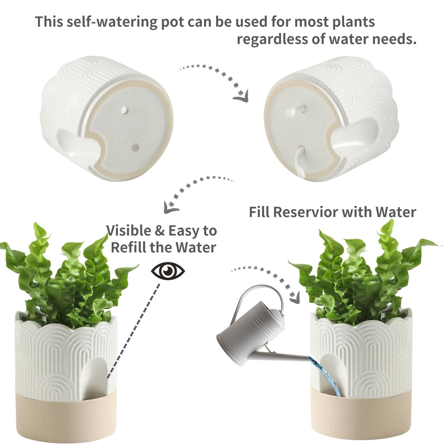 Nihow Self Watering Plant Pot: 6 Inch Ceramic Planter with Drainage Hole & Water Storage Plus - Relief Design Self Watering Pot for Indoor Plants - Beige & Nature Flower Pot