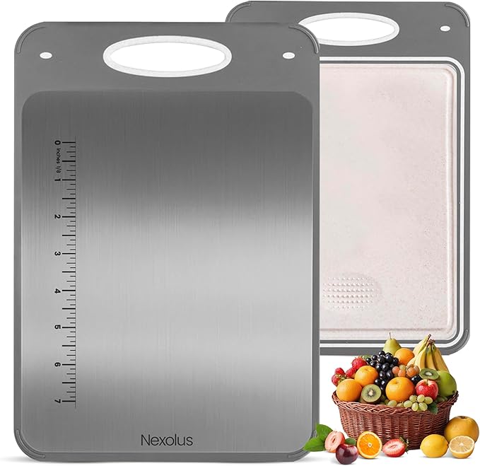 2 Pack Titanium Cutting Board Set, Large Double Sided - 16x11" + 14x9" - Stainless Steel Cutting Board for kitchen with Deep Juice Groove, Built-In Measurement Scale & Easy to Clean