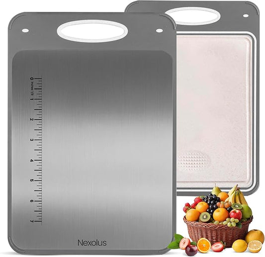 2 Pack Titanium Cutting Board Set, Large Double Sided - 16x11" + 14x9" - Stainless Steel Cutting Board for kitchen with Deep Juice Groove, Built-In Measurement Scale & Easy to Clean