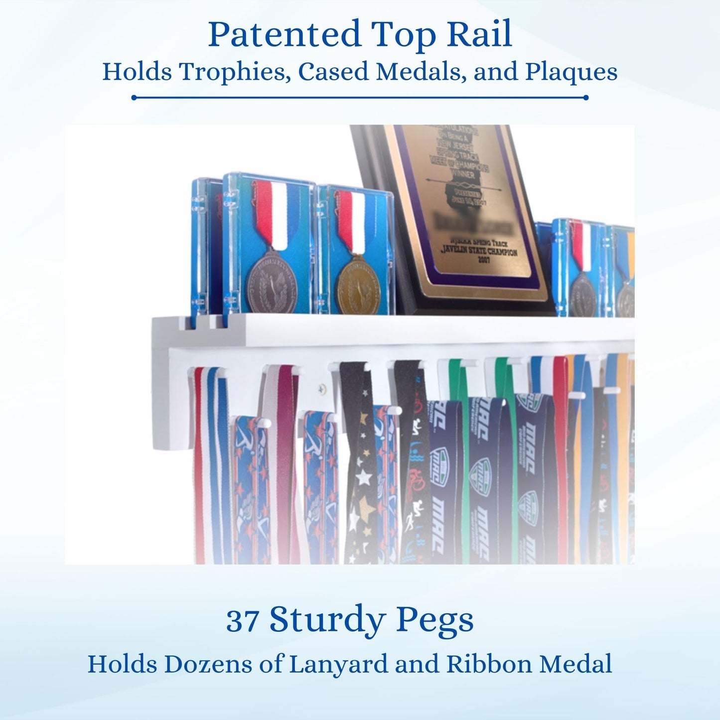 4ft Medal Hanger Display — Trophy Shelf with Hooks for Medals — 48" Solid Wood — Holds 40+ Medals for Running, Gymnastics, Martial Arts, Wrestling, Swimming — White — Medal Awards Rack
