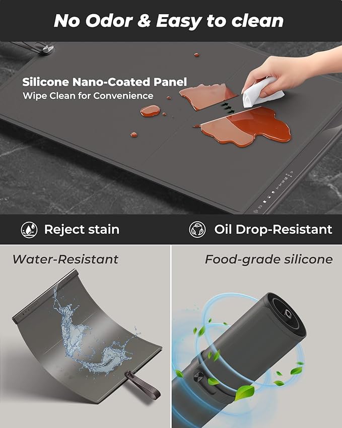 Food Warming Mat with Dual Heating Zones, 4 Temp Settings, Silicone Easy-Clean, Auto Shut-Off, Timer, Child Lock, Portable for Buffet, Party & Travel, 350W, 120V(AC), (Gray, Large)