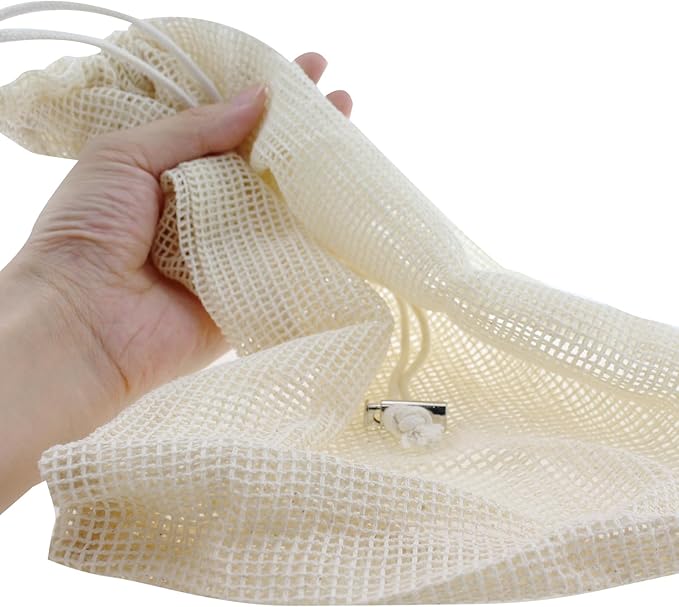 6PCS White Eco Friendly Organic Cotton Drawstring Mesh Bag 300mm Reusable Fruit and Vegetable Pouch