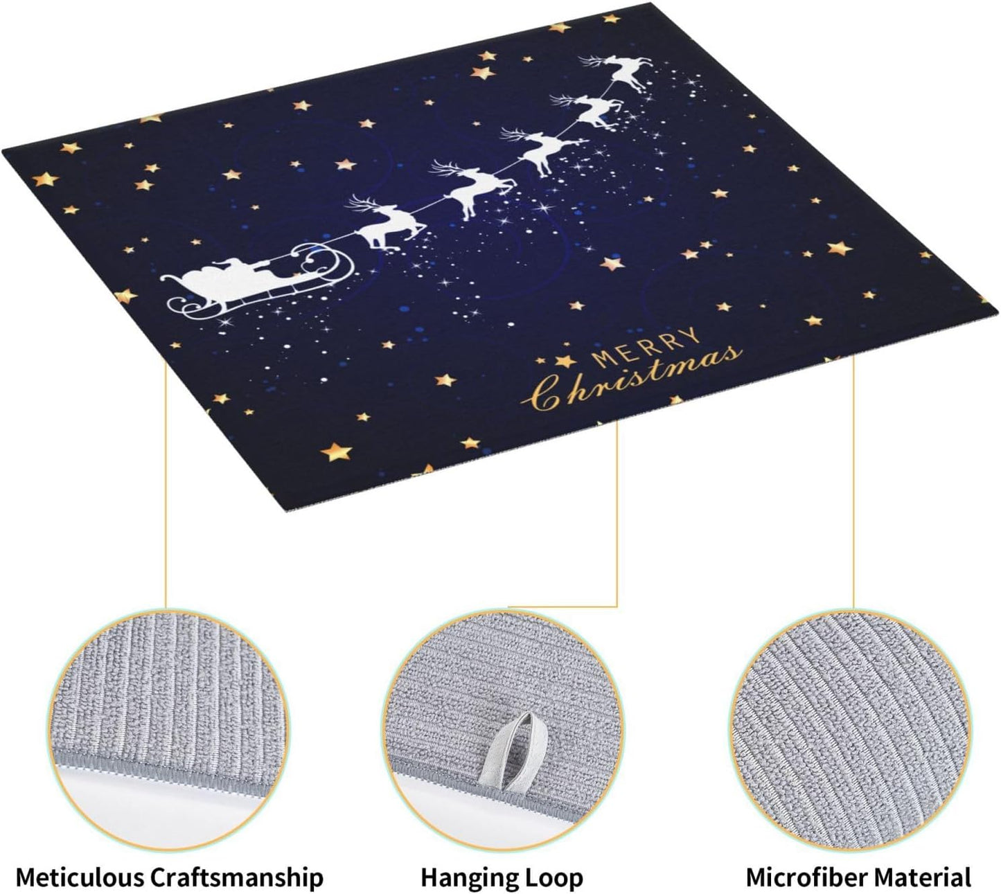 Dish Drying Mat Navy Blue Christmas Deer Star Santa for Kitchen Counter Absorbent 16x18 Inch Microfiber Dishes Plate Glass Dry Draining Pad Reversible Washable
