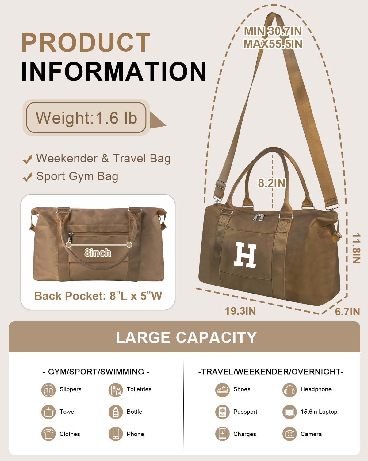 Birthday Graduation Gifts for Daughter,Initial Travel Duffel Bag Sports Gym Bag for Girls Teen Kids Birthday Gifts,Personalized Weekender Bag Carry On Tote Bags Cute Overnight Bag for Women(Brown, H)