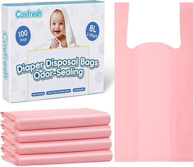 Odor Sealing Disposable Diaper Bags with Tie Handle, 100 count, Large Capacity, Unscented & Durable Diaper Trash Bags for Home & Baby Travel Use (Color:Pink)