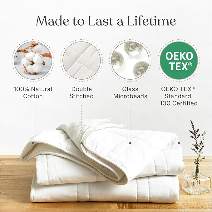Baloo Weighted Blanket for Adults 20 lb (Pebble White, 80"x87") | Cool & 100% Cotton | Machine Washable & Dryer Safe | Glass Microbead Fill