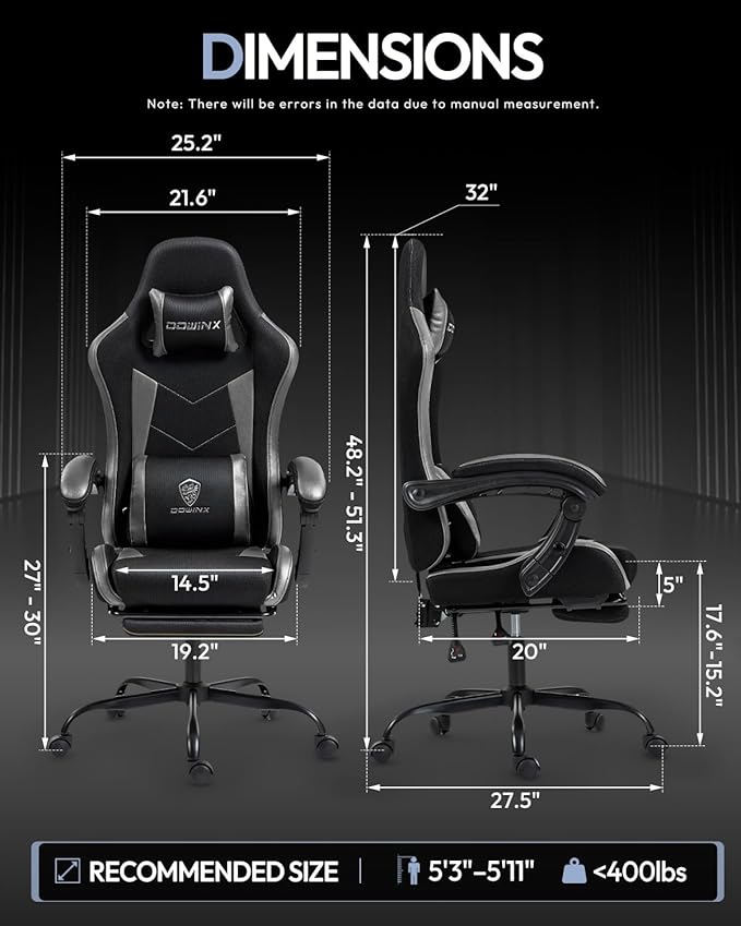 Gaming Chair with Footrest, Ergonomic 330lbs Leather Mesh Chair, Massage Lumbar Support, Adjustable Height & Headrest Pillow, Breathable Seat for Office, Home, Streaming, Long Gaming Sessions, Onyx