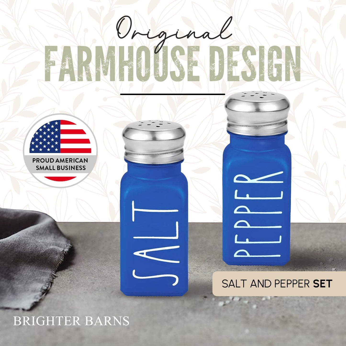 Blue Salt and Pepper Shakers Set by Brighter Barns - Cute Glass Shakers with Stainless Steel Lids - Modern Farmhouse Kitchen Decor and Accessories for Home, Restaurants, Hotel, Vacation Rental (Blue)