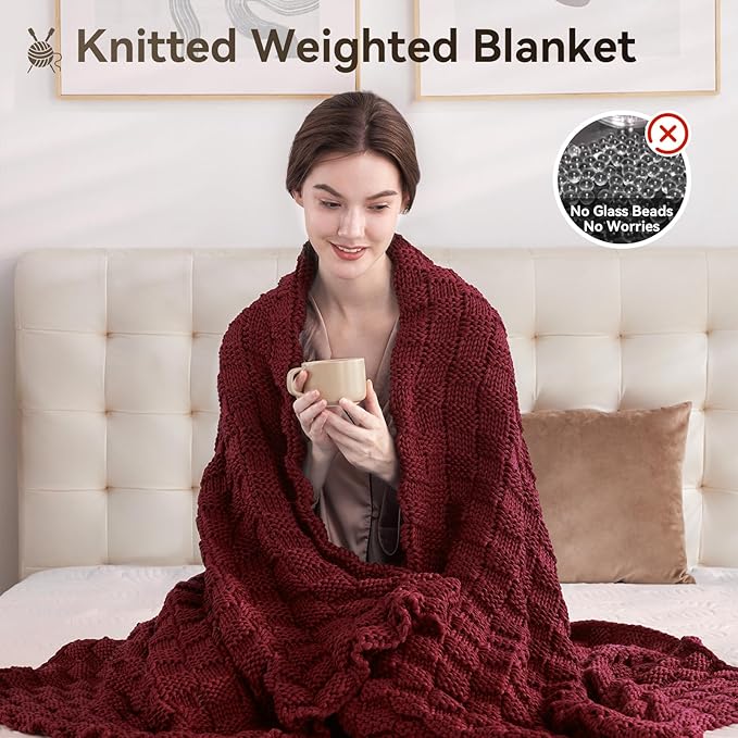 Knitted Weighted Blanket for Adults, 50' x 60'' 10lbs, Breathable Chunky Knit Blanket, Cooling for Hot Sleepers, Christmas Home Decor (Red)