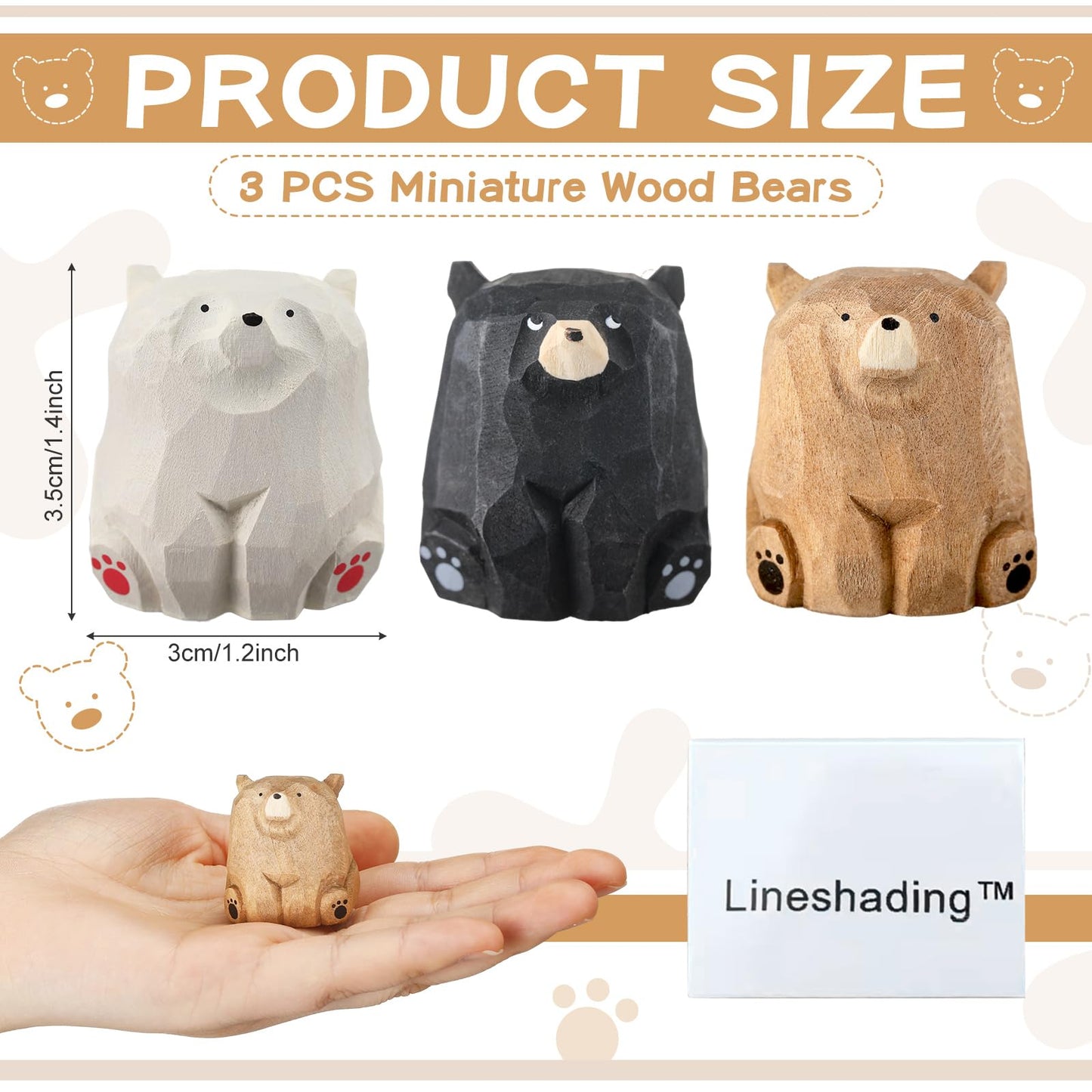 Lineshading 3 Pcs Mini Wooden Bears Figurines Handmade Carved Small Wooden Black Brown Bear Statue Miniature Ornament Holiday Bear Decor for Bedroom Playroom Gift(Standing,2 x 1.2 x 1.4 Inch)