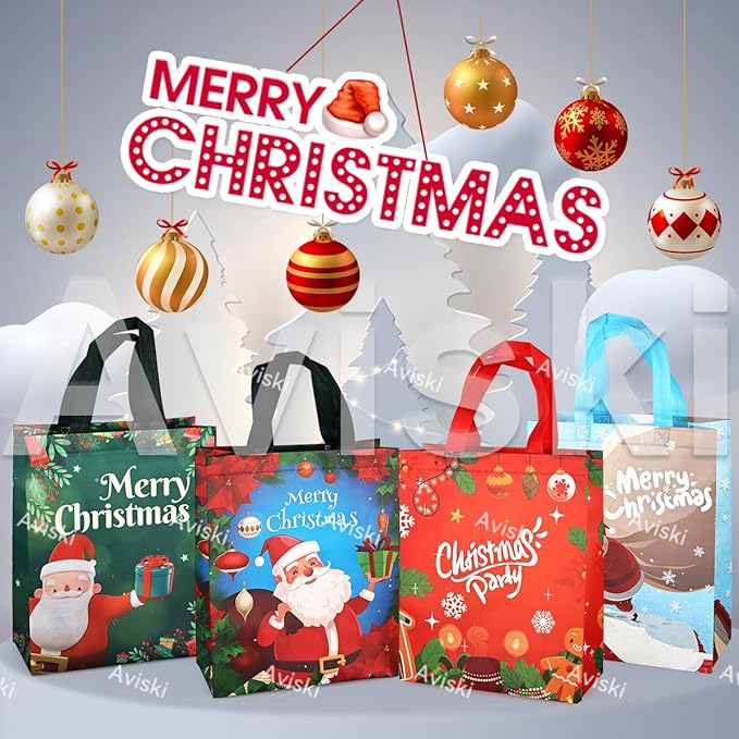 4PCS Christmas Gift Bags, Multifunctional Treat Non woven Christmas Bags with Handles for Gifts Wrapping Shopping, Xmas Party Supplies