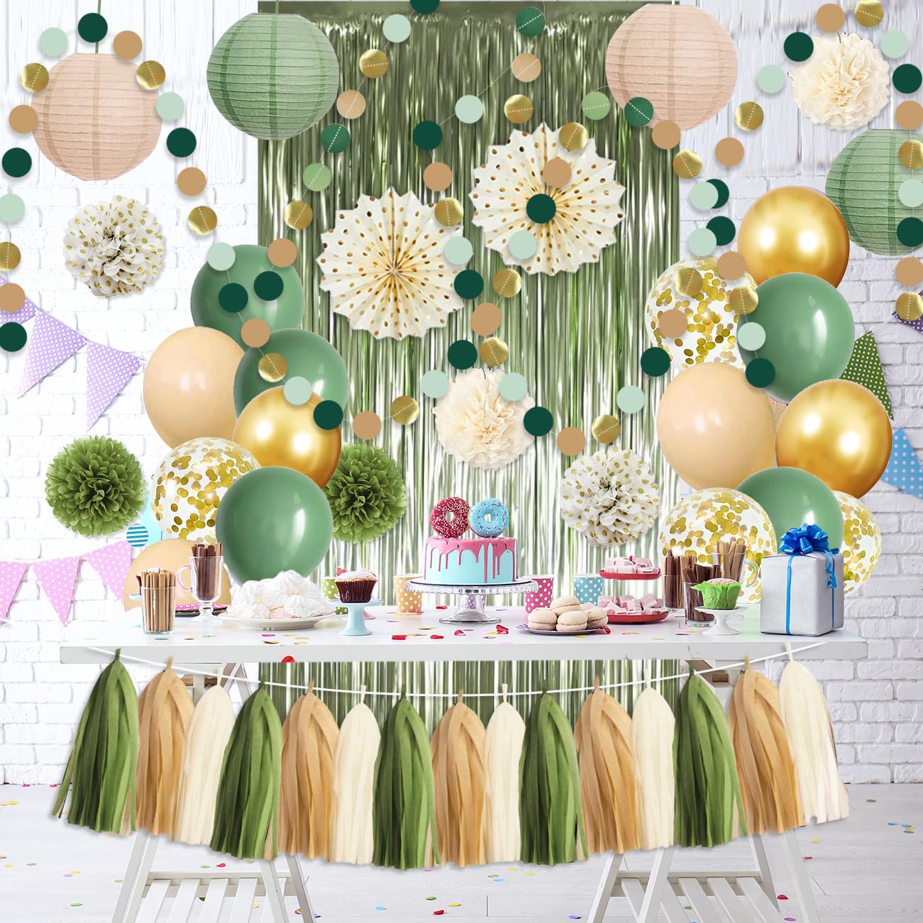 Sage Green Party Decorations Birthday Party Decorations Bridal Shower Balloons Paper Pompoms Fringe Curtain for Birthday Baby Shower Bridal Shower Supplies