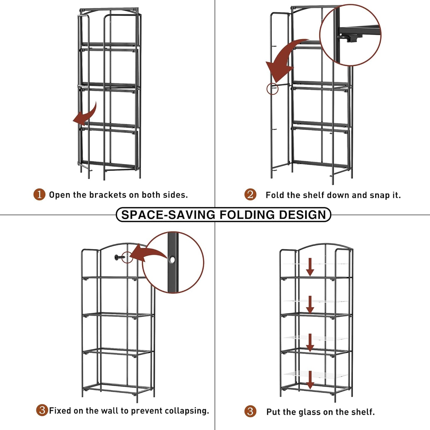Crofy No Assembly Folding Bookshelf for Living Room, 4 Tier Black Collapsible Book Shelf for Home Office, Portable Bookcase Storage Organizer