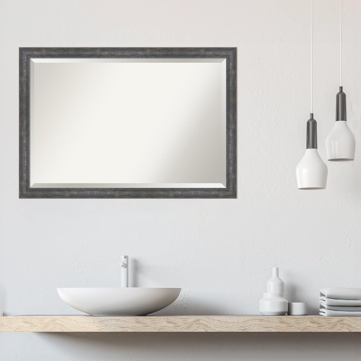 Amanti Art Grey Wall Mirror 27x39 Angled Metallic Rainbow Rectangle Bathroom Mirror for Wall Decor Living Room, Large Modern Contemporary Wood Frame, Hangs Horizonally and Vertically, Bathroom Decor