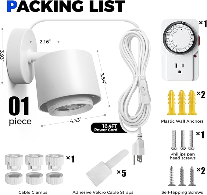 Barrina TR40a Track Grow Light for Indoor Plants, 40W Wall-Mounted Grow Bulbs with Adjustable Beam Angle (15°-60°), 5000K Full Spectrum Plant Spotlight with Timer & 16.4' Power Cord, 1-Pack
