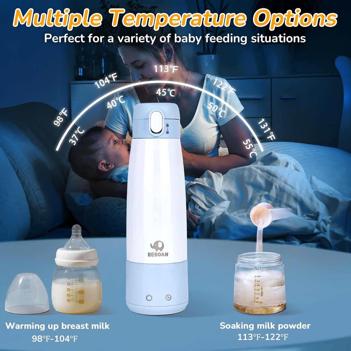 BEBOAN Portable Bottle Warmer for Travel On The Go, Portable Milk Warmer 5-Temp Setting with Lock 12oz Large Capacity, Cordless for Heating Breast Milk Charging with 55w Charger to Get Fast Charging