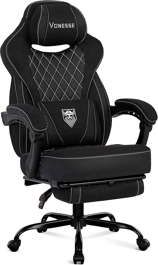 Vonesse Gaming Chair, Reclining Fabric Gaming Chairs for Adults 250LBS, Office Chair with Pocket Spring Cushion, Computer Chair with Footrest and Massage Lumbar Support (Black)