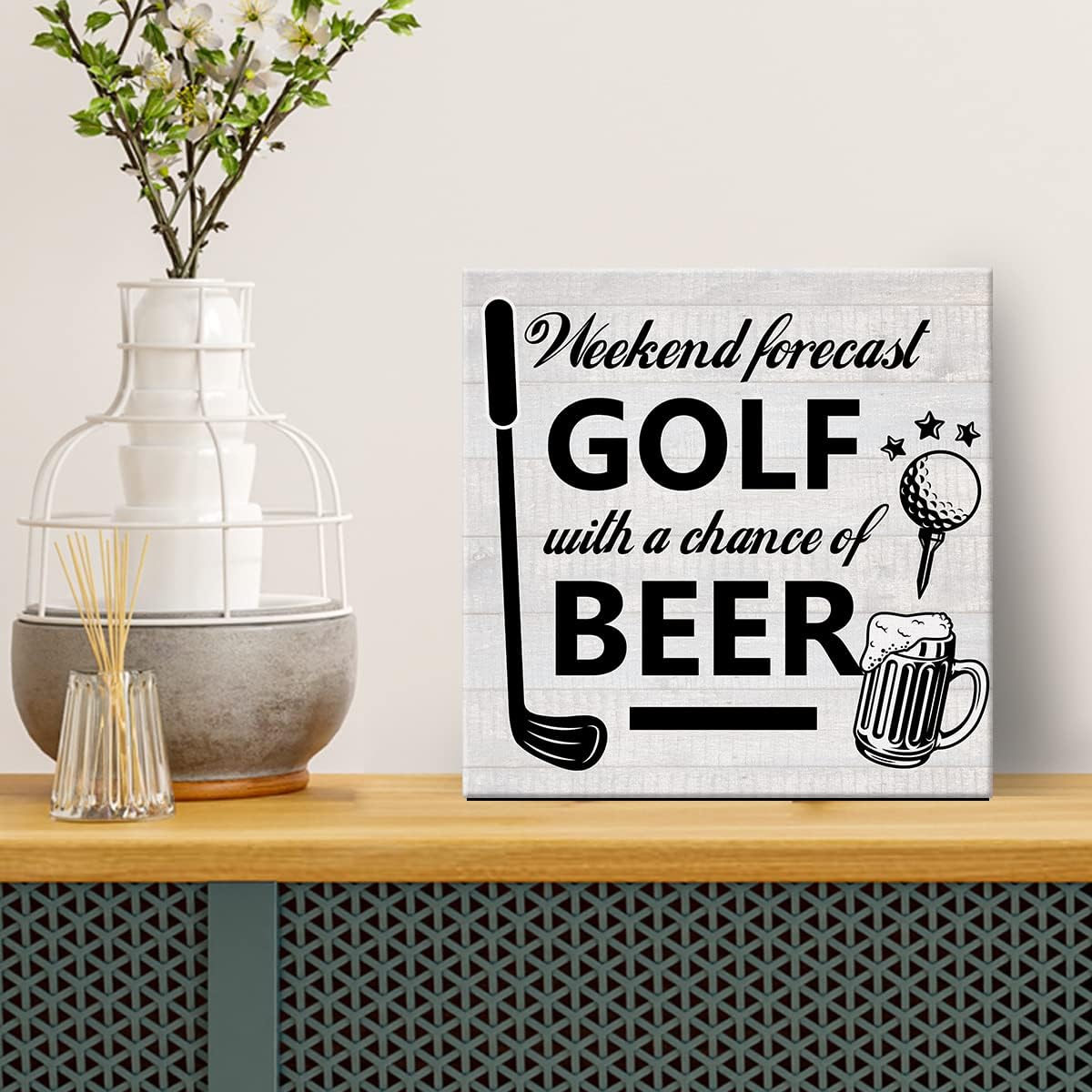 Weekend Forecast Golf Canvas Prints Wall Art Decor Desk Sign Golfing Poster Painting Framed Artwork 8 x 8 Inch Rustic Home Office Shelf Wall Decoration Gift for Golf Lover Golfer (Pack of 2)