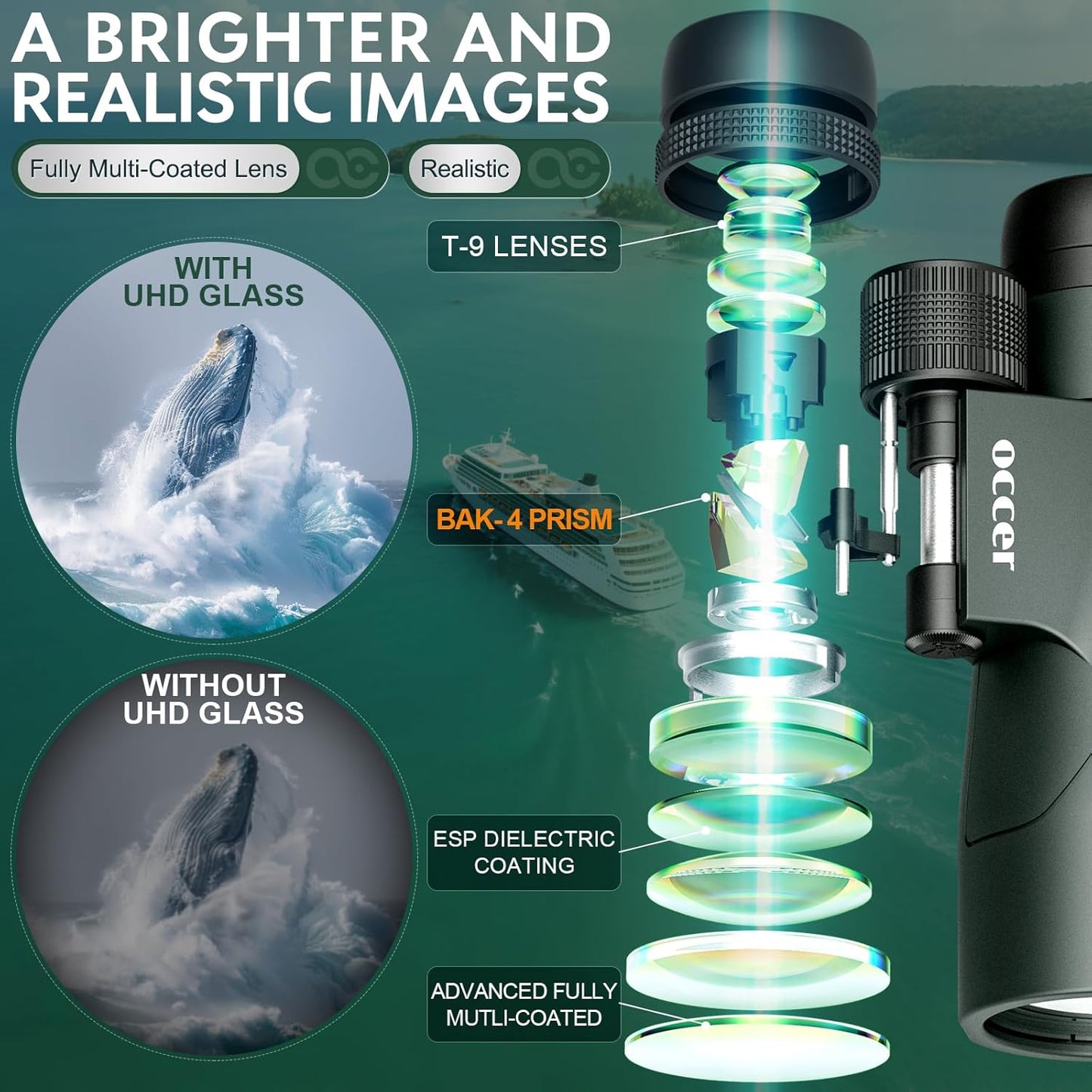 occer 12x50 Bird Watching Binoculars for Adults - High Powered Binoculars with Clear Large Image - Easy Focus HD Binocular with Long Range for Cruise Trip Hunting Travel Concert Stargazing,Green