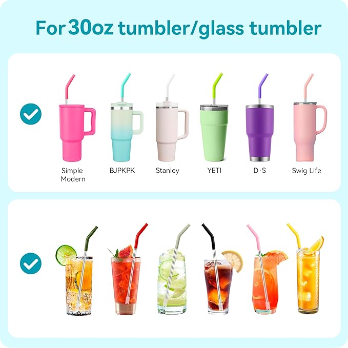 2 PCS 30oz Reusable Straws Ideal for 30oz Stanley Cup & 24oz Tumblers, Stainless Steel Drinking Straw with Anti-Clank Silicone Bottom, Fits Most Medium-Size Mugs