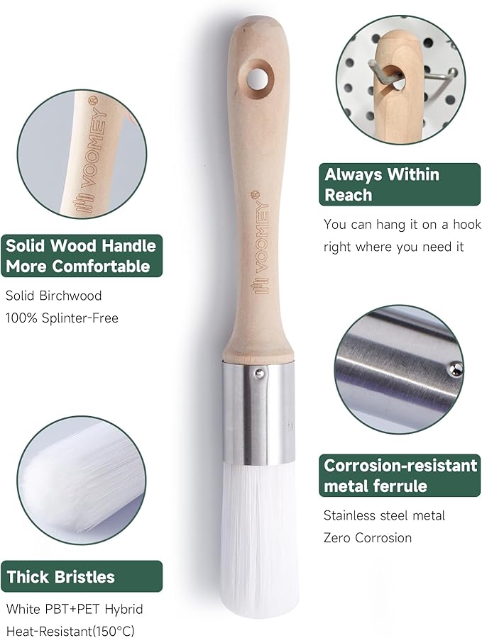 VOOMEY 1 Inch Round Paint Brush for Trim and Furniture, Small Paint Brush for Cabinets, Doors & DIY Home Decor, Chalk & Oil Paint Brushes for Smooth Finish on Curved Surfaces