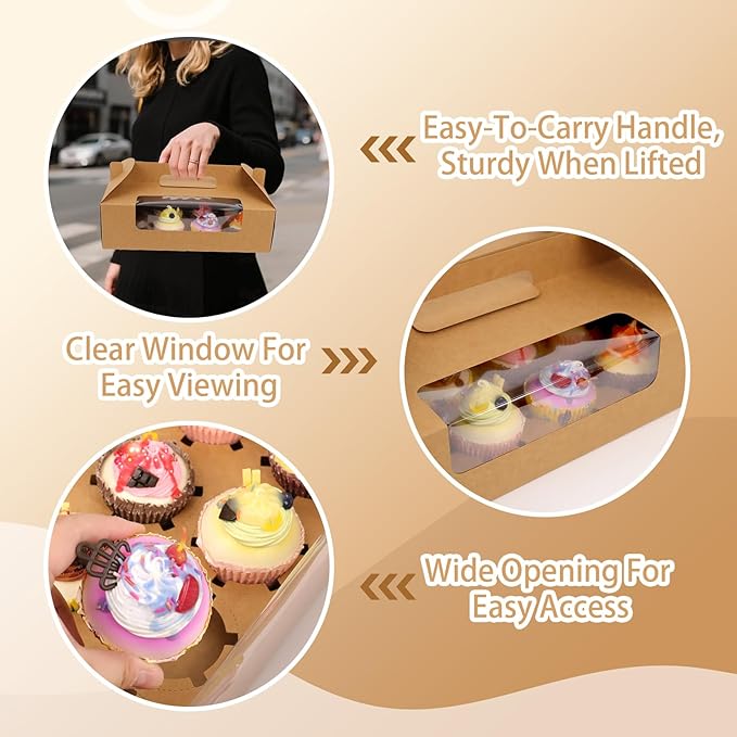 FORBFAN Cupcake Boxes 12 Count with Handle, 30 Pcs Kraft Portable Muffin Boxes, Gable Party Favor Treat Boxes for Wedding Birthday Party