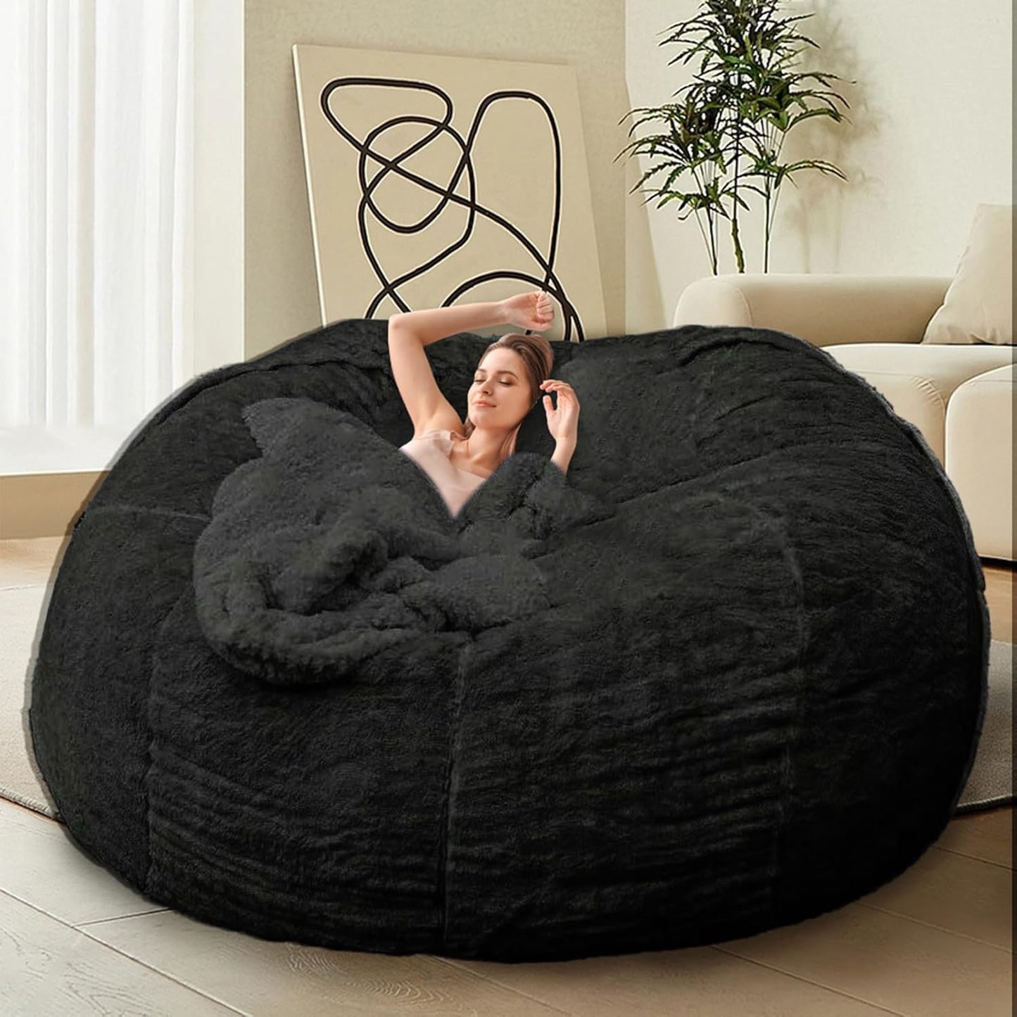Bean Bag Chair Cover for Adults Kids Comfy Fluffy Giant Round Beanbag Cover Floor Chair Cover for Stuffed Animals Storage, 7FT, Black