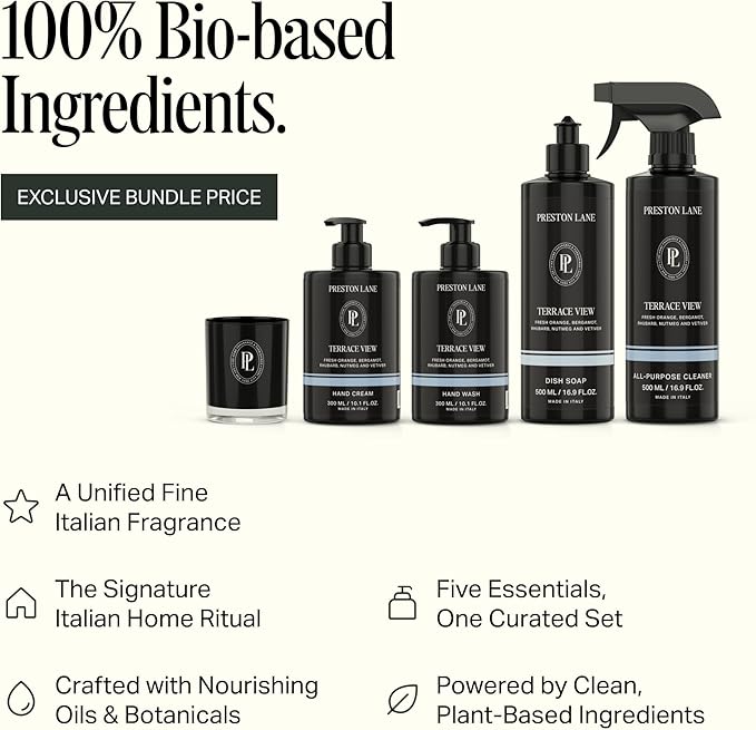 Preston Lane Signature Home Set – All Purpose Cleaner, Dish Soap, Hand Wash, Hand Cream & Scented Candle | Plant-Powered Cleaning & Care Essentials with Fine Italian Fragrance, Terrace View