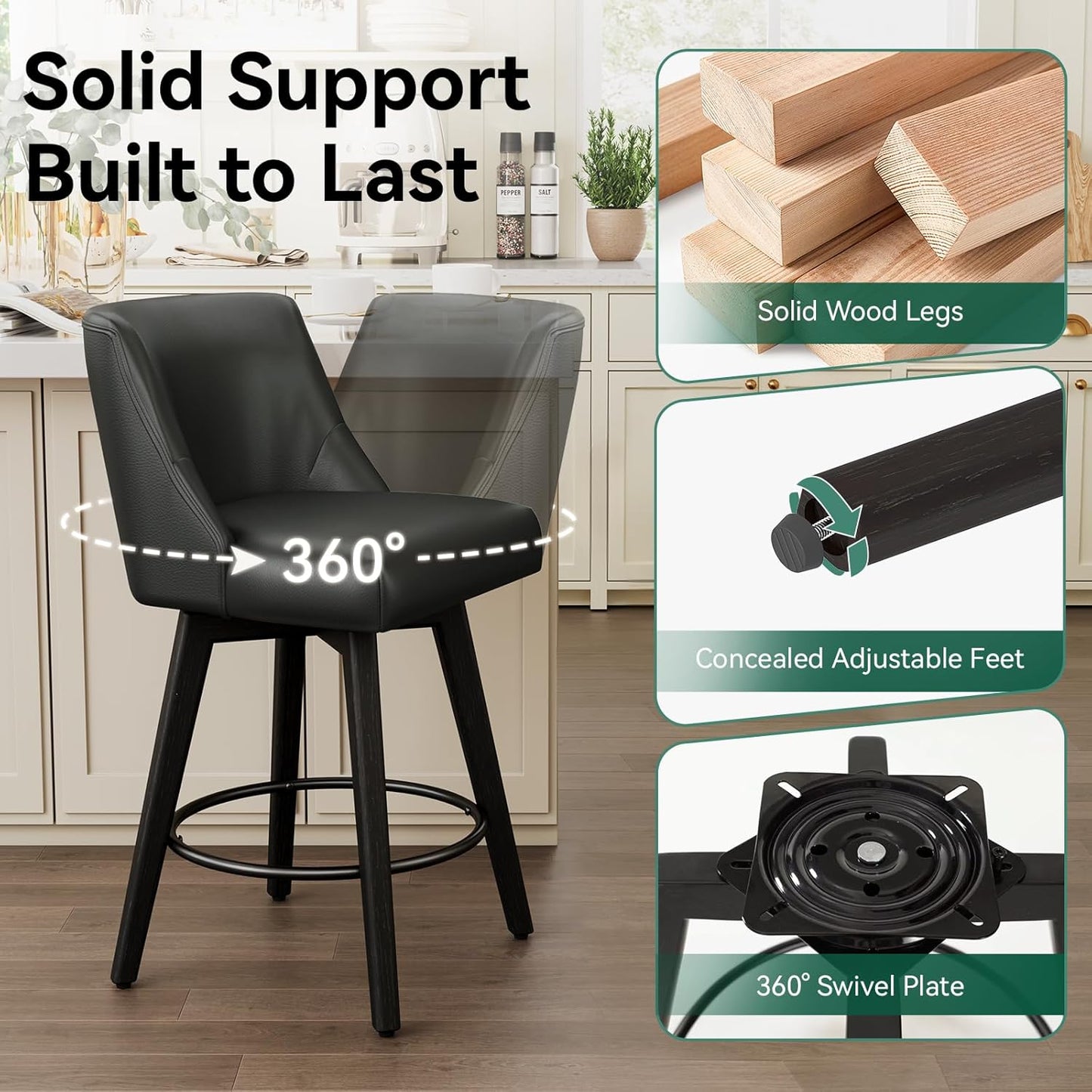Vipbear Swivel Counter Height Bar Stools Set of 4,26.8" H Counter Stools with Back, Mid Century Modern Bar Stools for Kitchen Island,Faux Leather,Wooden Base, Black