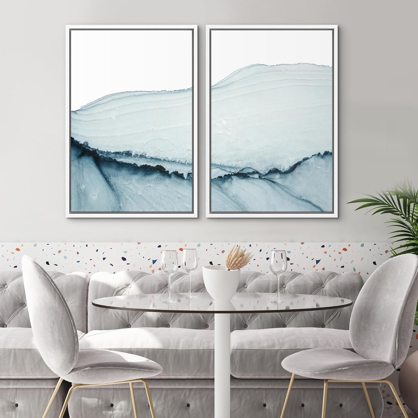 SIGNWIN Framed Wall Art Print Set Blue Paint Stroke Wave Collage Abstract Shapes Illustrations Modern Art Rustic Relax/Calm Multicolor for Living Room, Bedroom, Office - 24"x36"x2 White