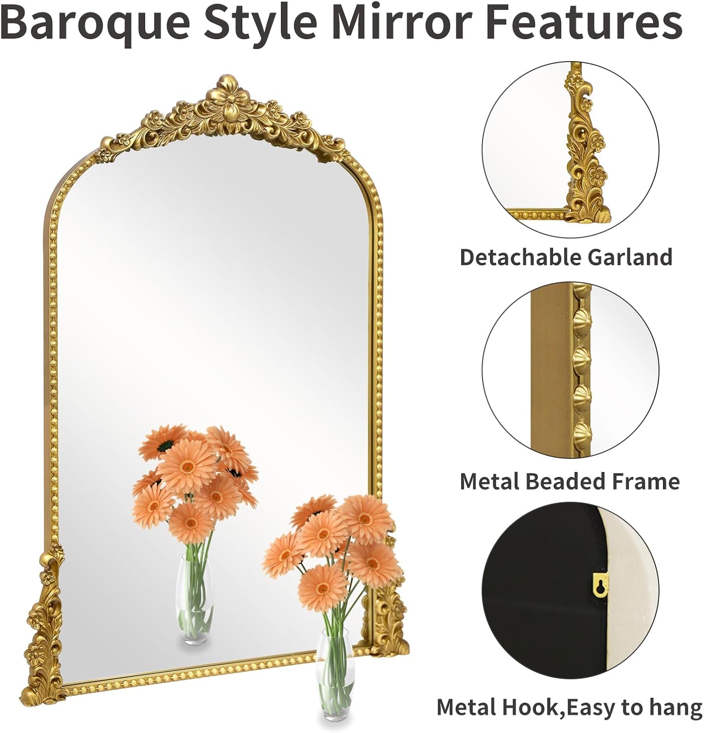 Vintage Arched Mirror, 24"x 36"Antique Baroque Mirror Style Metal Beaded Frame for Entryway Hallway Living Room,Vintage Gold