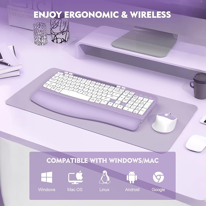 Wireless Keyboard and Mouse Combo, Wave Keys Full-Sized Ergonomic Keyboard with Cushioned Plam Rest, Phone Holder, Comfortable Natural Typing, 2.4G Cordless Set for Computer, Laptop, Pc, Mac, Windows