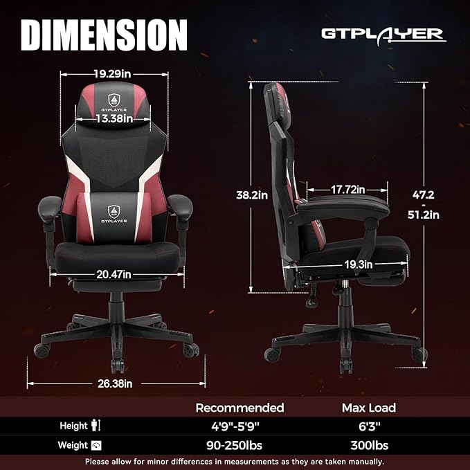 GTPLAYER Gaming Chair, Mesh Office Chairs with Footrest for Adults, Big and Tall Gamer Ergonomic Computer Chair with Height Adjustable (Red)