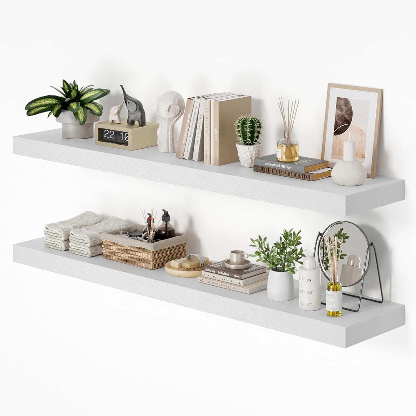 Heimlove 55 x 12 inch Extra Long Floating Shelves for Wall, 12 Inch Deep Floating Shelves, Large Display Shelf & Storage Shelf for Living Room Bedroom Kitchen Home Office, Set of 2, White