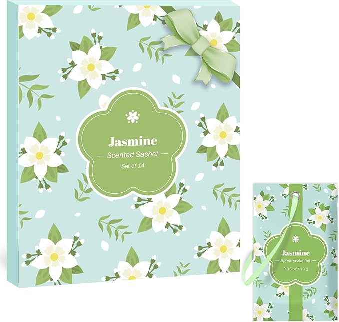 SCENTORINI Scented Sachets for Drawers and Closets, Jasmine Scent 14 Pack, Long-Lasting Sachets Bags Wardrobe Freshener, for Drawers, Closets, Cars