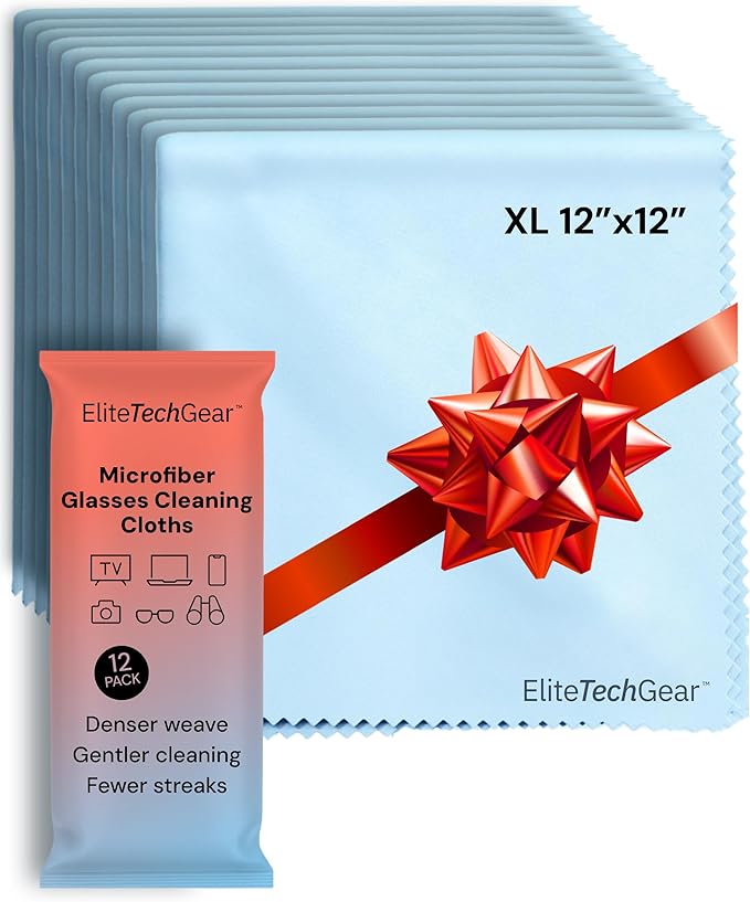 Elite Screens Microfiber Cleaning Cloth - 12-Pack, 12" x 12", Blue - Oversized Eyeglass Cleaning Cloth - Quick-Dry Reusable Glasses Wipes - Portable Pocket Lens Wipes