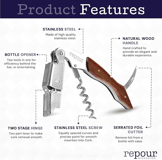 Repour Wine Essentials Combo Pack - Premium Corkscrew & Saver | Manual Key Removes Corks, Stopper Preserves Easily | Perfect for Lovers and Enthusiasts (Mahogany 4 Pack)