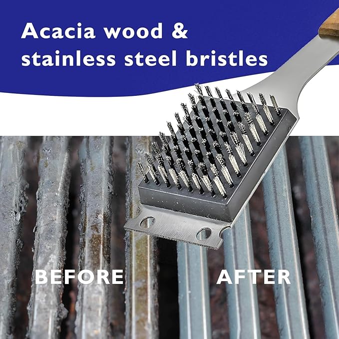 Leebein Brush and Scraper for Barbecue – Grill Brush for Outdoor Grill with Extended, Large Wooden Handle and Replaceable Stainless Steel Bristles Head